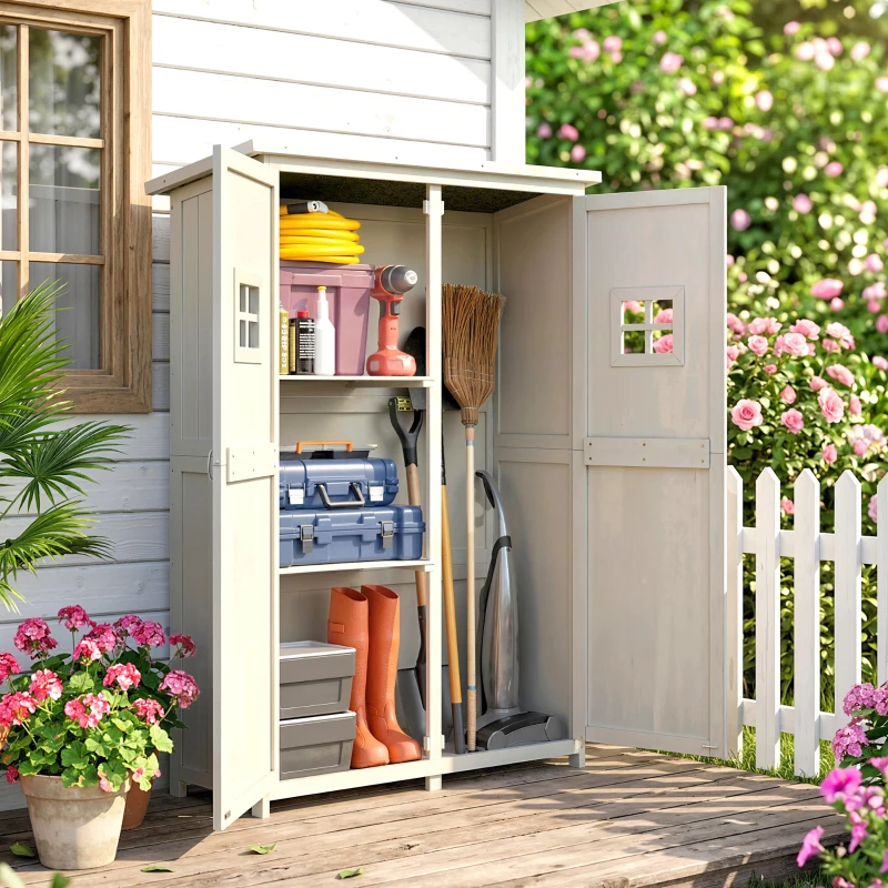 Outsunny Abri de Jardin en bois Armoire de Jardin dim. 127,5L x 50l x 164H cm 2 étagères 2 Portes 2 fenêtres Toit bitumé étanche Bois Massif Sapin pré-huilé Gris(m-9)