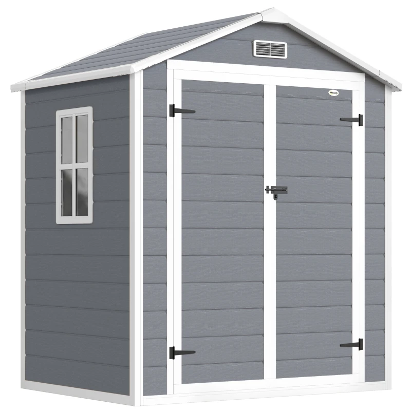 Outsunny Abri de jardin cabanon en résine polypropylène 2,12 m² - 2 portes 1 fenêtre et 1 grille d'aération, toit à pignon, gris(m-12)