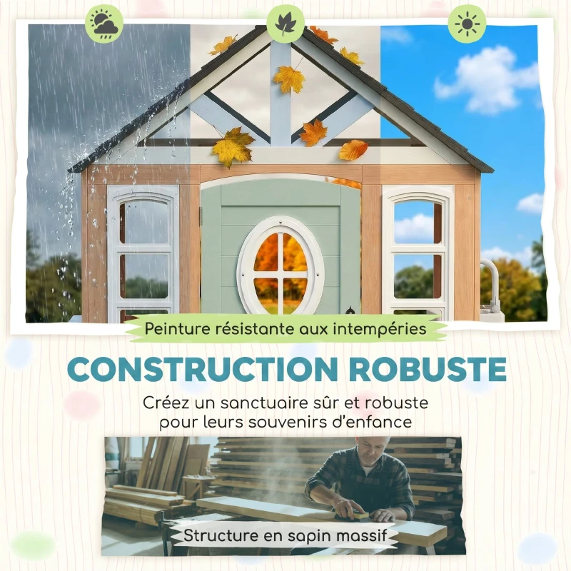 AIYAPLAY Cabane enfant extérieur en bois, maison enfant extérieure avec chatière, cuisine de jeu, porte et fenêtres, bois naturel