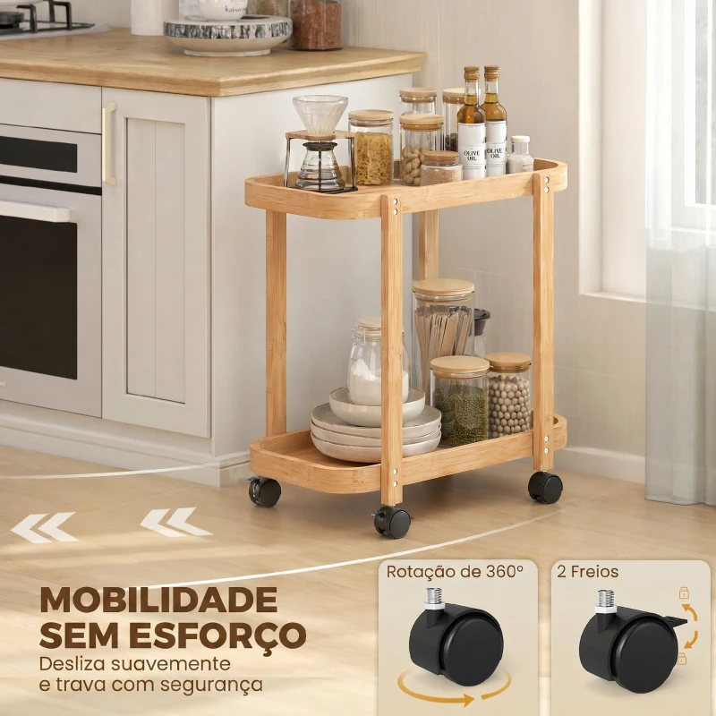 HOMCOM Carrinho de Cozinha de Bambu de 2 Níveis Carrinho Auxiliar para Cozinha com Rodas 2 Prateleiras 54x36,5x60 cm Madeira