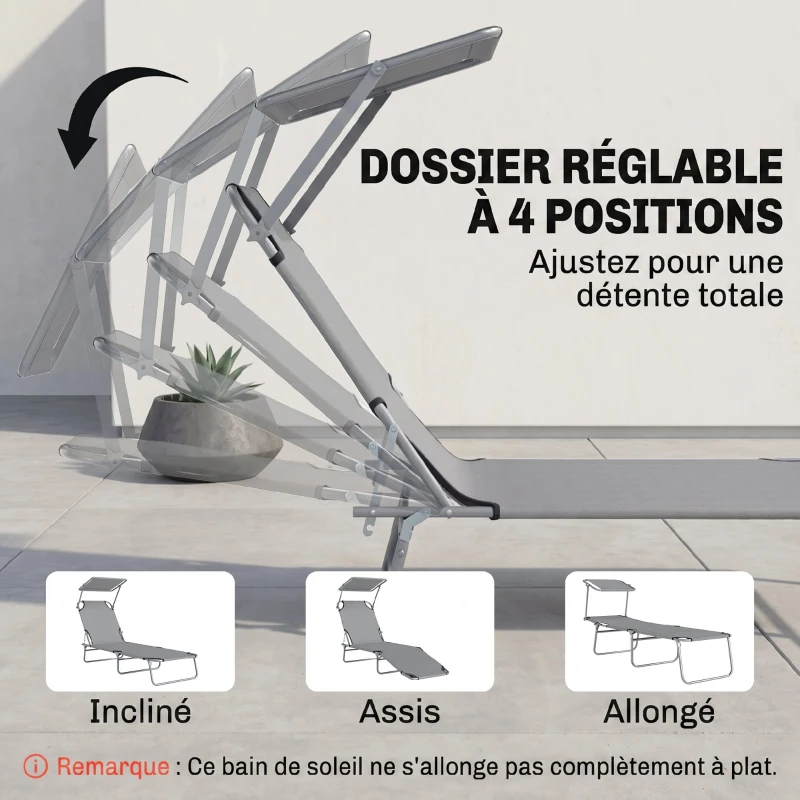 Outsunny Transat bain de soleil pliable chaise longue pliante dossier inclinable multi-positions 187 x 58 x 36 cm gris clair
