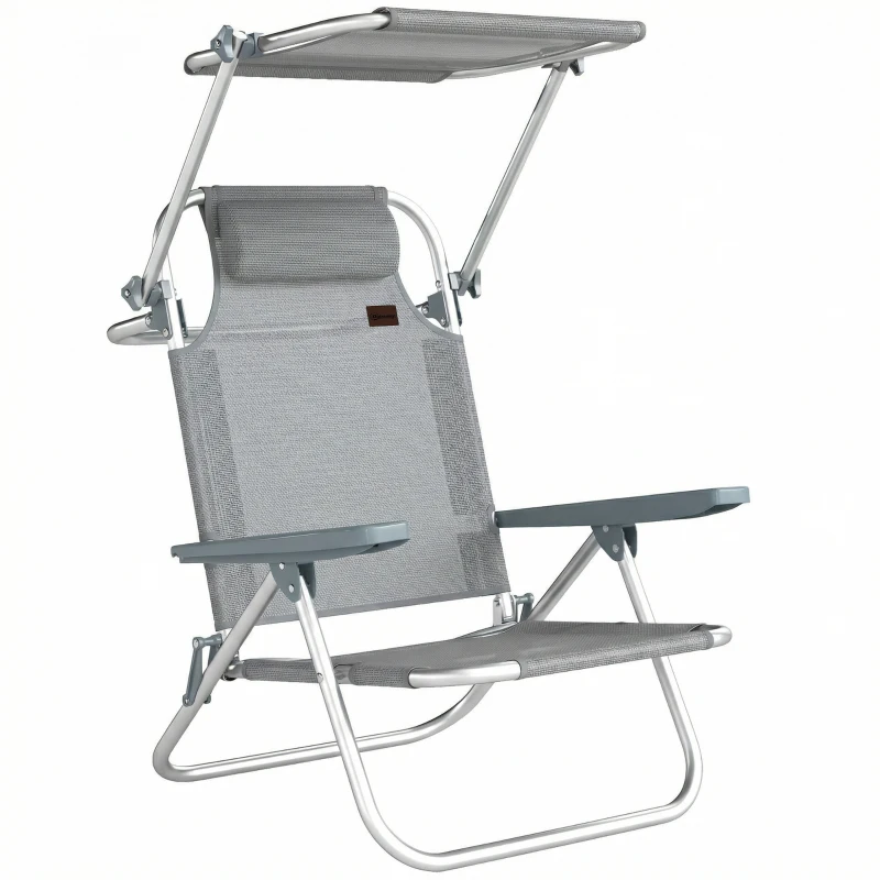 Outsunny Sedia a Sdraio Reclinabile a 6 Livelli con Tettuccio Regolabile e Poggiatesta, in Alluminio e Rete, 62x68x79, Grigio