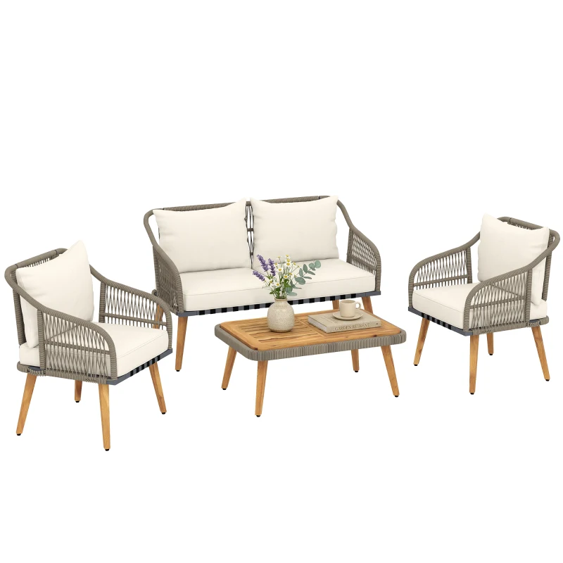 Outsunny 4 Piece Rattan Garden Furniture Set with Loveseat, Armchairs, Wood Table, Wicker Patio Conversation Set, Cream White