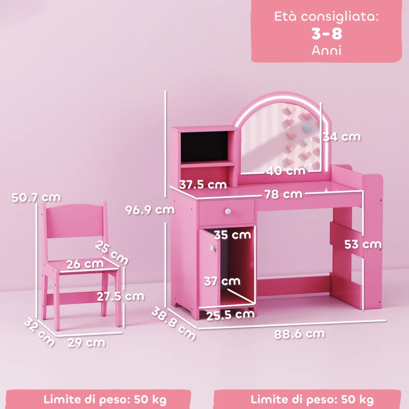 AIYAPLAY Set Toeletta Trucco per Bambini 2 in 1 con Specchio, Sedia, Luce LED, Armadietto, Scaffali e Libreria, Rosa