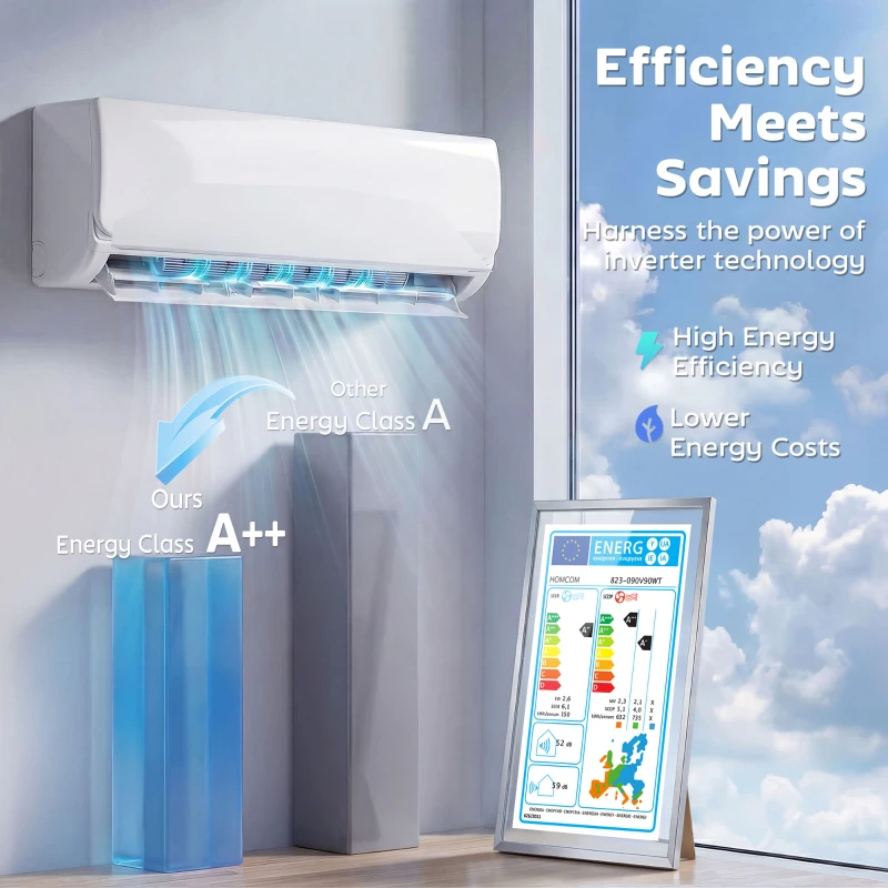 HOMCOM Klimatyzator mini-split 9000 BTU i pompa ciepła, klimatyzator inwerterowy z WiFi i zestawem instalacyjnym