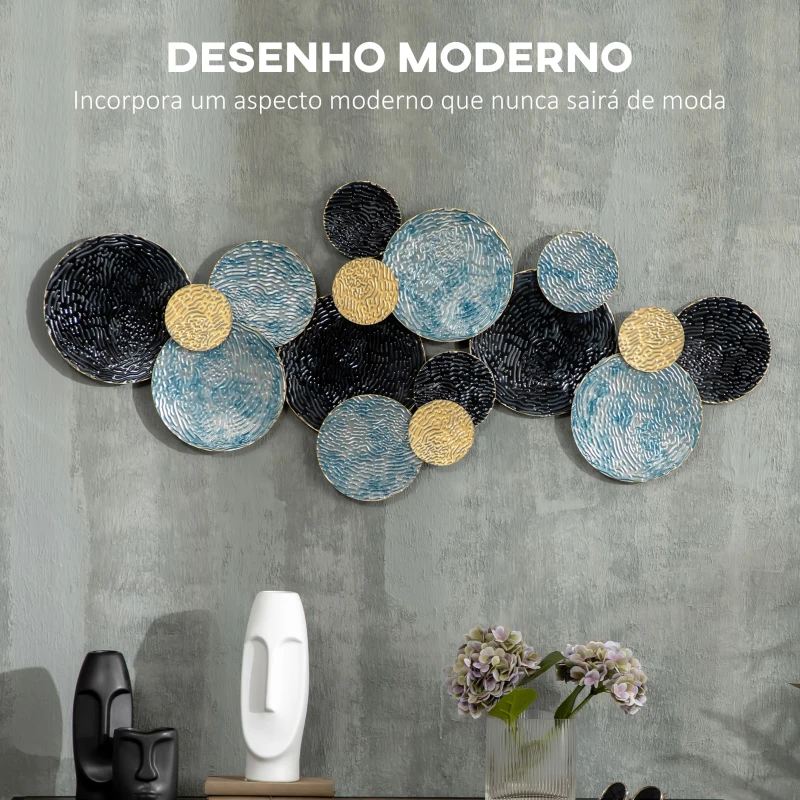 HOMCOM Arte Metálica de Parede 3D Adornos Modernos Redondos para Pendurar Decoração para Sala Quarto 21x53 cm Multicolor