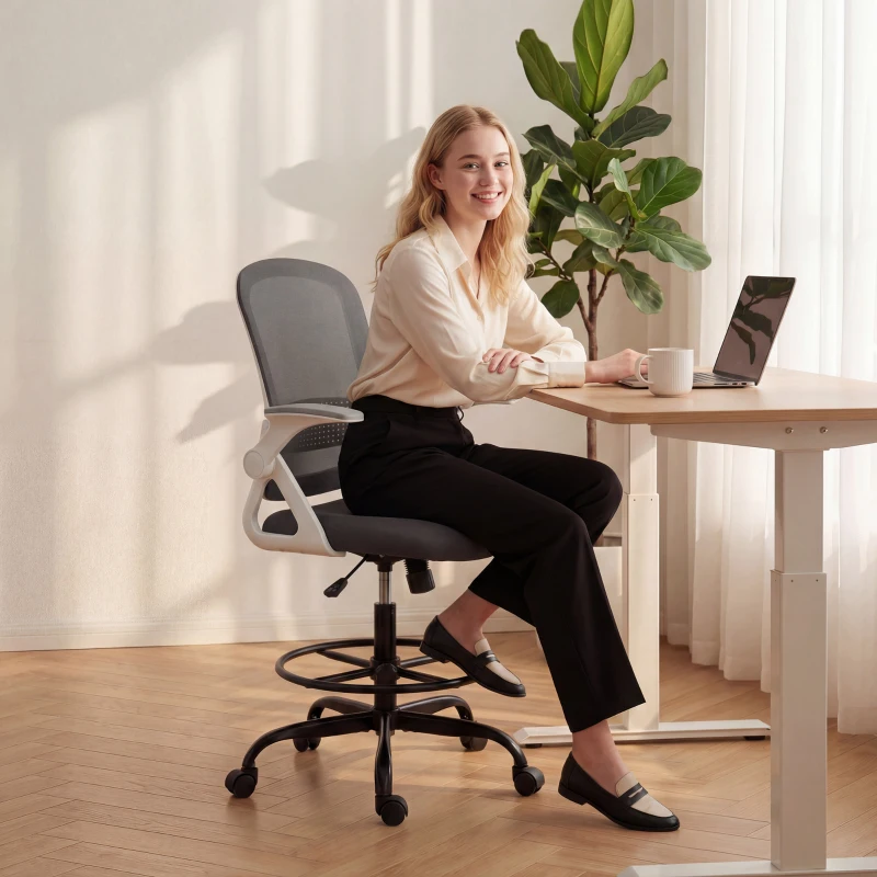 HOMCOM Painting Chair, Mesh Computer Desk Chair with Flip-up Armrests, Grey