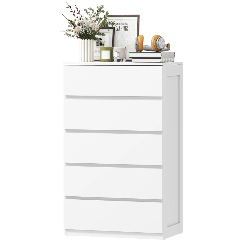 HOMCOM Cassettiera 5 Cassetti in Legno con Maniglie Scanalate, 60x38x100cm, Bianco