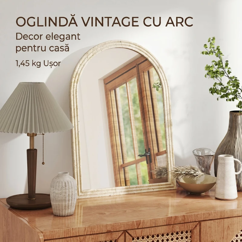 HOMCOM Oglindă de Perete Arcuită cu Margine Canelată și Agățători, din Sticlă și Polistiren, 50x2x70 cm, Bej
