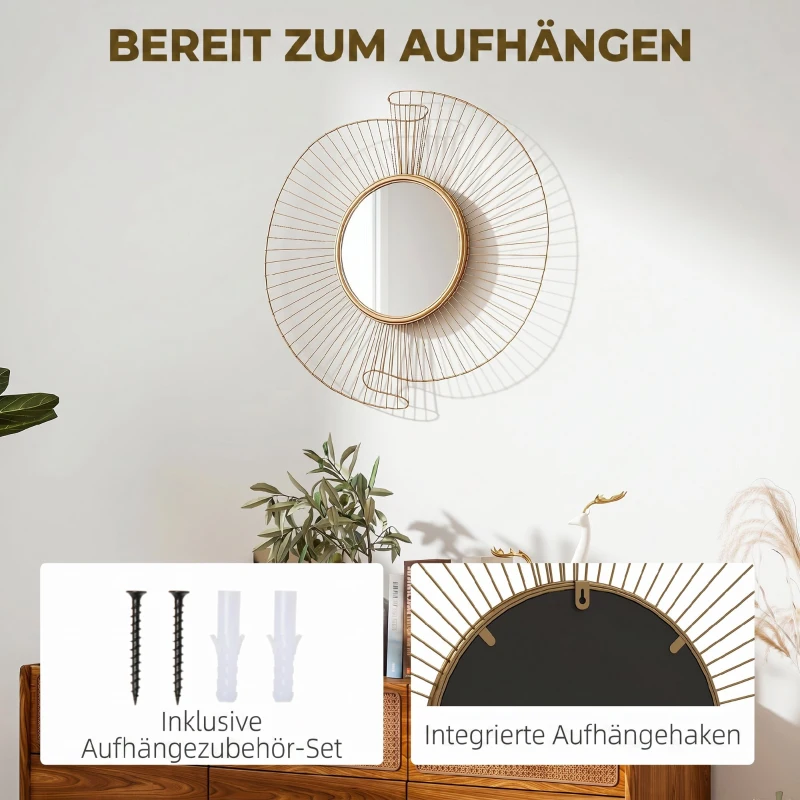 HOMCOM Decorațiune de Perete Oglindă Rotundă, Oglindă Modernă cu Benzi din Metal și Design Plisat, Artă Decorativă pentru Living, Dormitor și Intrare, 60x60 cm, Auriu