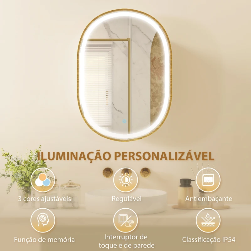 HOMCOM Armário de Casa de Banho com Espelho e Luzes LED de 3 Cores, Armário de Parede Oval com Memória e Função Antivapor, Dourado