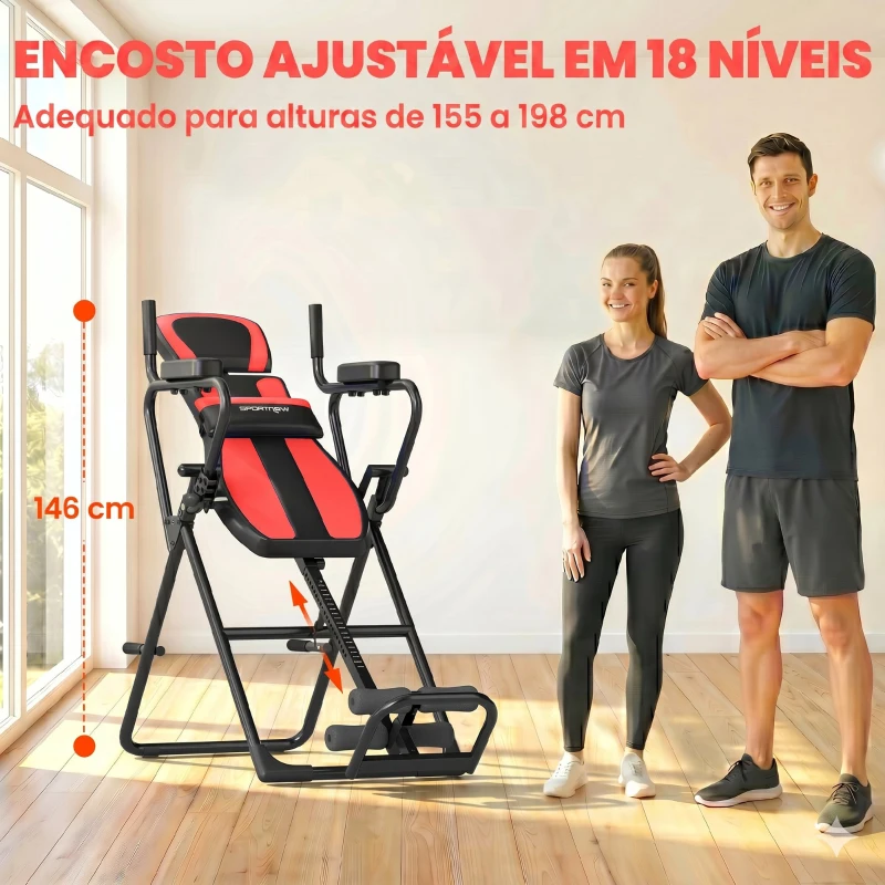 SPORTNOW Tabela de Inversão Dobrável com Elevações e Flexões Altura Ajustável 155-198 cm Ângulos 20° 40° 60° Cinto Vermelho