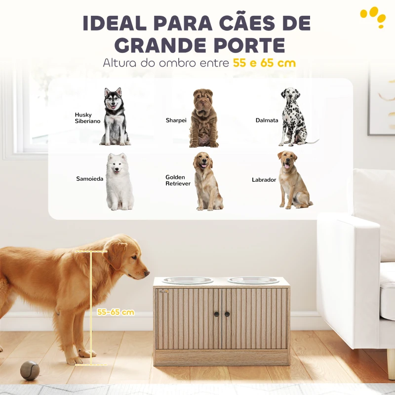 PawHut Comedouro Elevado para Cães com 2 Tigelas de Aço Inoxidável 2x2000 ml e Armazenamento Oculto 60x30x35,5 cm Carvalho