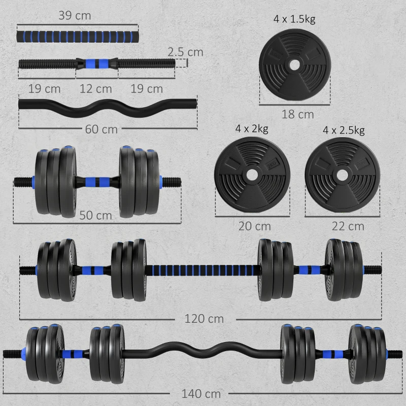 SPORTNOW Kit Gantere Fitness Gantere Reglabile 25 kg 3 în 1, Set de Greutăți Reglabil cu Bară de Extensie Albastru