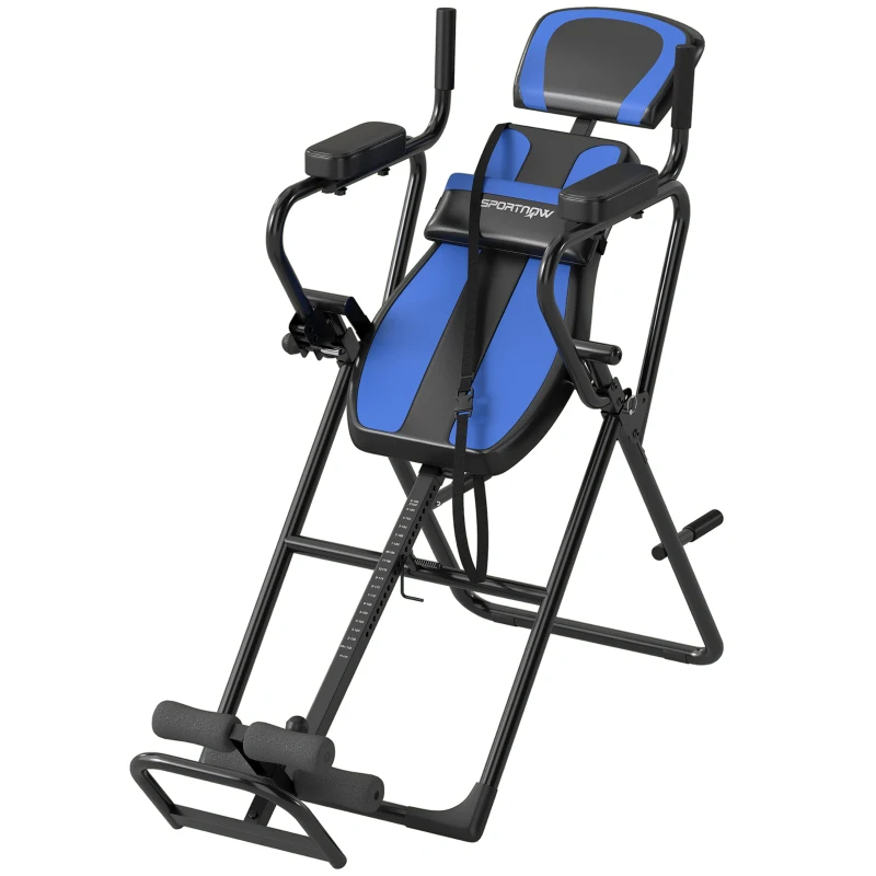 SPORTNOW Tabla de Inversión Plegable con Dominadas y Flexiones Altura Ajustable 155-198 cm Ángulos 20° 40° 60° Cinturón Azul