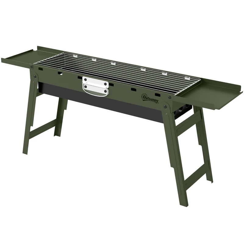 Outsunny Portable BBQ Grill, Foldable Charcoal Grill for Camping and Picnics with 2 Side Shelves and Handle, Green