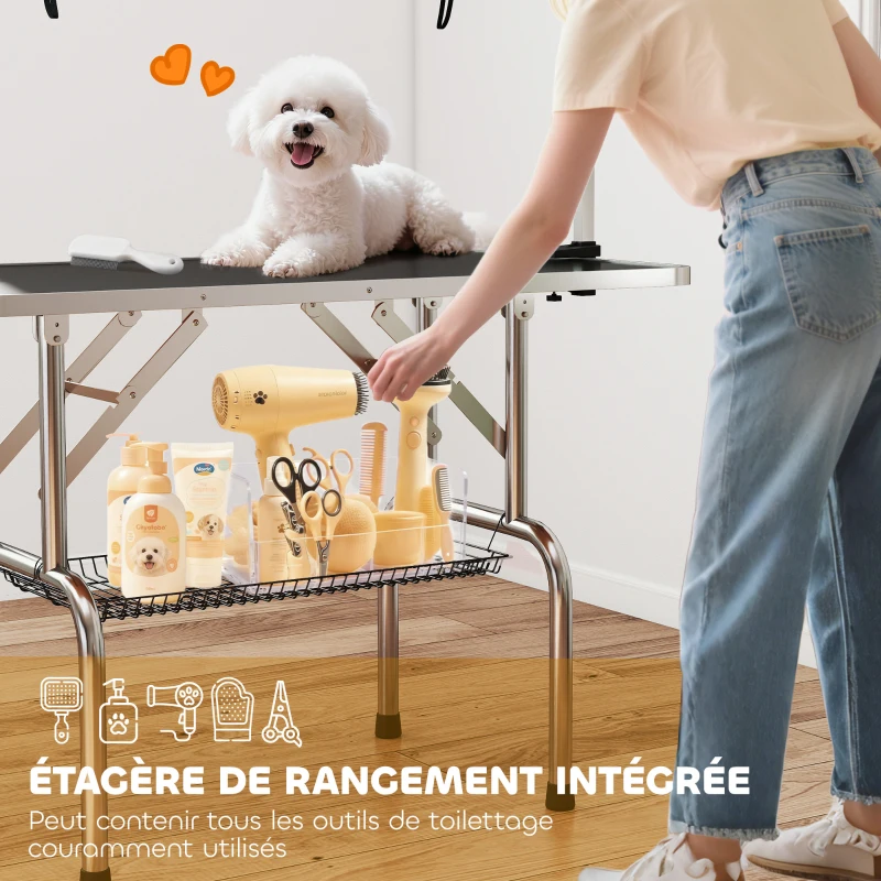 PawHut Table de toilettage pour chien pliante potence H-forme inox réglable 2 sangles panier 107 x 60 x 164 cm noir