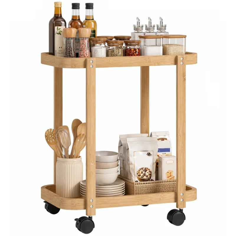 HOMCOM Carrinho de Cozinha de Bambu de 2 Níveis Carrinho Auxiliar para Cozinha com Rodas 2 Prateleiras 54x36,5x60 cm Madeira