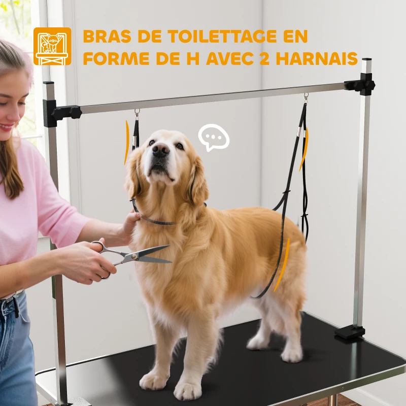 PawHut Table de toilettage pour chien pliante potence H-forme inox réglable 2 sangles panier 107 x 60 x 164 cm noir