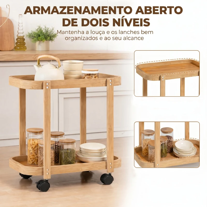 HOMCOM Carrinho de Cozinha de Bambu de 2 Níveis Carrinho Auxiliar para Cozinha com Rodas 2 Prateleiras 54x36,5x60 cm Madeira