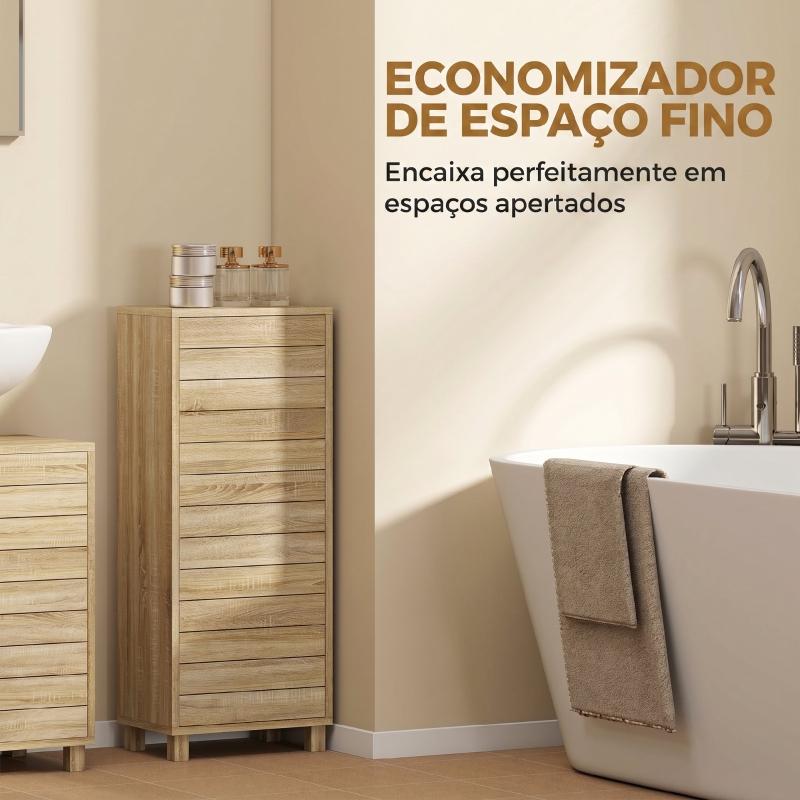 HOMCOM Armário de Casa de Banho Estreito Móvel Auxiliar de Casa de Banho com Porta de Ripas 3 Prateleiras 34x23x84 cm Madeira