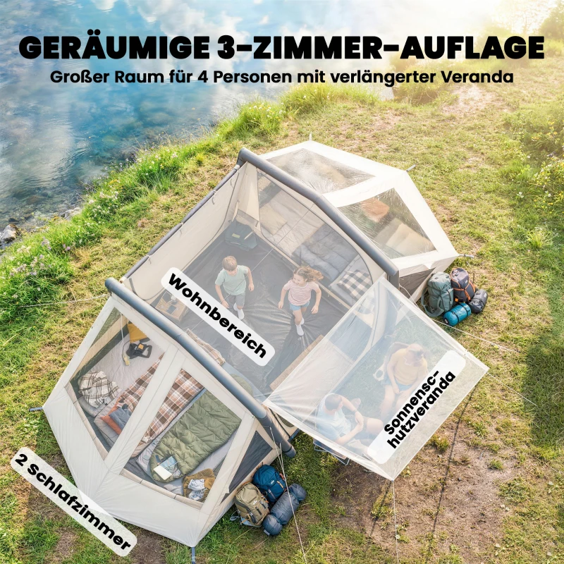 Outsunny Aufblasbares Zelt 4 Personen Schneller Aufbau Outdoor Zelt für Camping mit 2 Schlafzimmern Vorraum Fenster