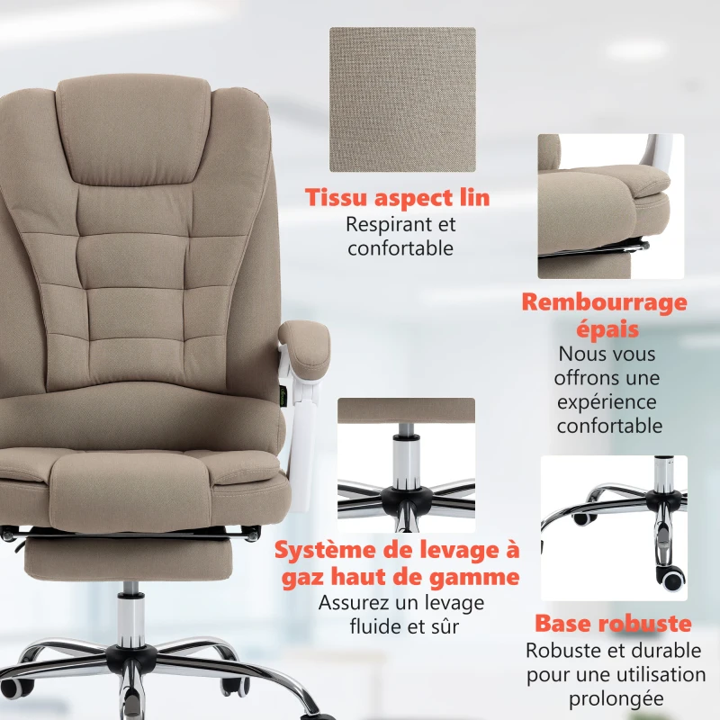 Vinsetto Fauteuil de bureau direction massant chauffant hauteur réglable dossier inclinable toile de lin beige