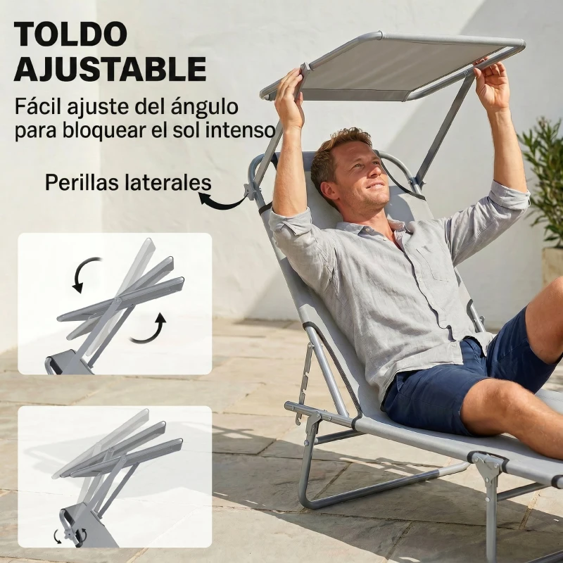 Outsunny Tumbona de jardín Plegable con Toldo y Respaldo Reclinable para Jardín Terraza Acampada 187x58x36cm Gris Claro