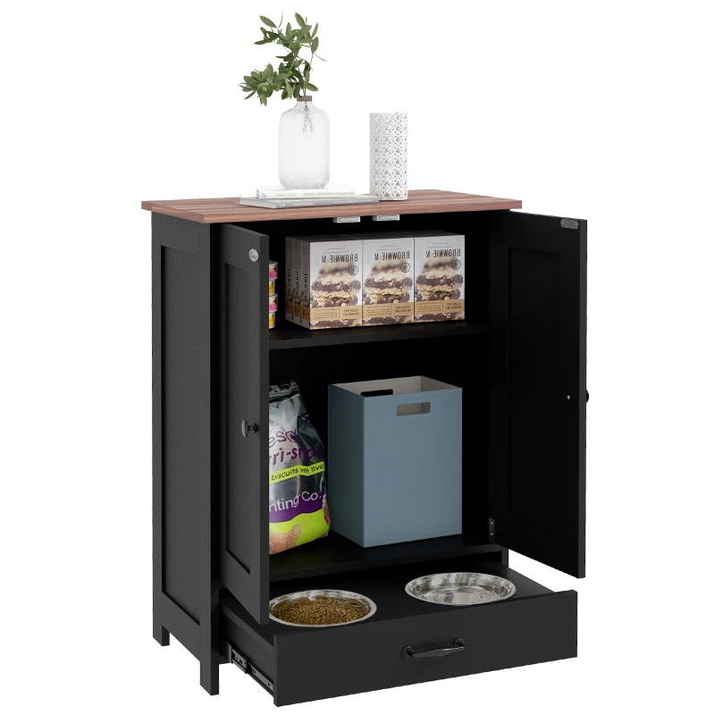 PawHut Pet Feeding Station with Raised Dog Bowls, Adjustable Panel, Hooks, Black