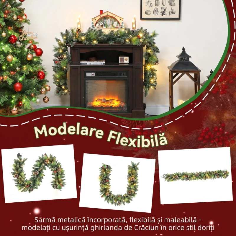 HOMCOM Ghirlandă de Crăciun 180 cm cu ramuri înzăpezite și 30 de lumini albe, conuri și bace pentru interior