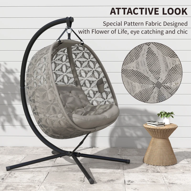 Outsunny Outdoor Double Hanging Chair, Swing Chair with Metal Stand, Thick Padded Cushion, Foldable Basket and Cup Holders, for Indoor and Outdoor, Sand Brown