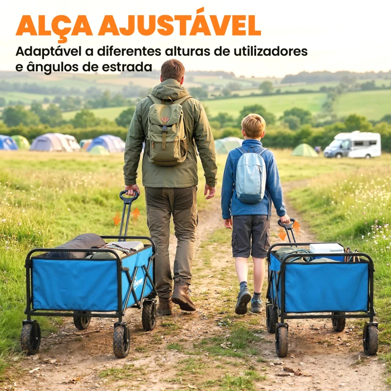 Outsunny Carrinho de Jardim Dobrável com Rodas Bloqueáveis Cabo Ajustável Porta-Copos Carga 80 kg para Camping 85x50x99 cm Azul