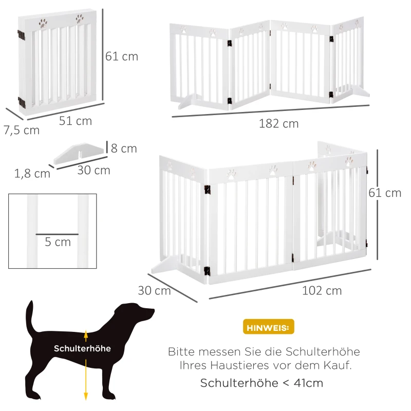 PawHut Hunde-Absperrgitter, Kiefernholz, beidseitig faltbar, Pfotenmuster, abnehmbare Füße, 204x30x61 cm, Weiß