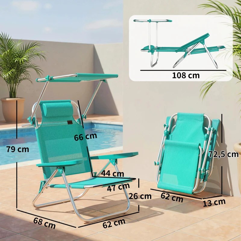 Outsunny Chaise de plage, chaise longue d'extérieur pliable à 6 positions, auvent ajustable et repose-tête, 62x68x79cm, turquoise