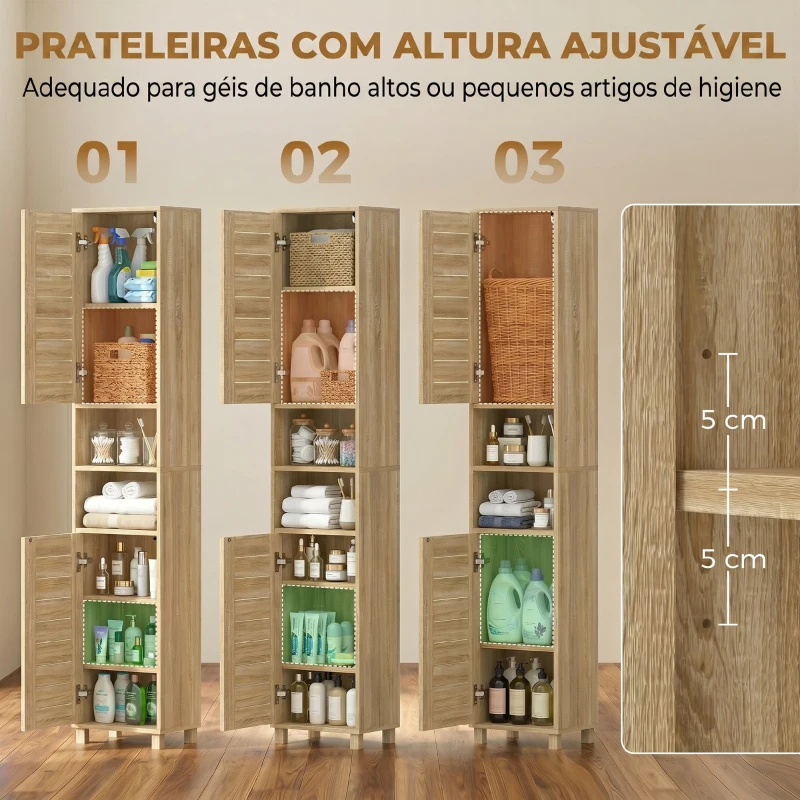 HOMCOM Coluna Casa de Banho Armário Alto de Casa de Banho com Prateleiras Ajustáveis Portas de Ripas Abertura por Pressão 34x23x170 cm Madeira