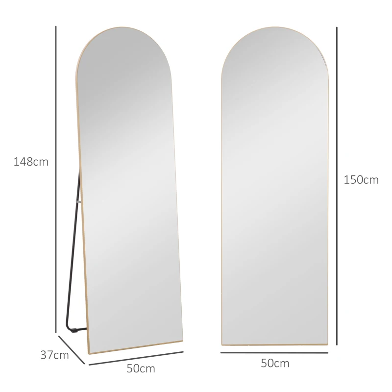 HOMCOM Espejo de Pie Cuerpo Entero Arqueado 150x50 cm Independiente Apoyado y de Pared Sin Marco Dorado