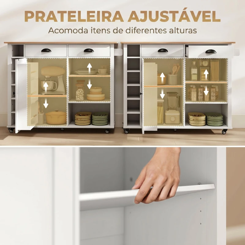 HOMCOM Ilha de Cozinha com Rodas, Tampo Rebatível, Prateleiras na Porta, Suporte para Toalhas, Armário, 2 Gavetas, 117,5x70x91 cm, Branco