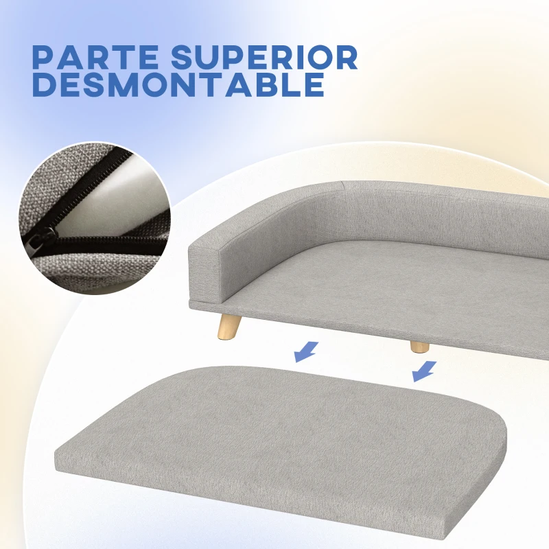 PawHut Sofá para Perros Grandes Cama Elevada para Perros con Cojín Lavable y Patas de Madera Carga 30 kg 98x67x25 cm Gris Claro