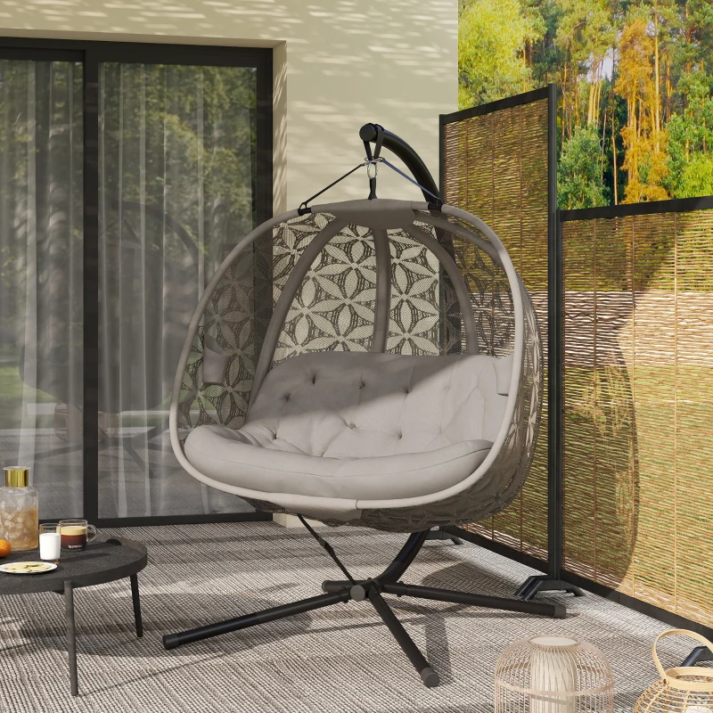 Outsunny Outdoor Double Hanging Chair, Swing Chair with Metal Stand, Thick Padded Cushion, Foldable Basket and Cup Holders, for Indoor and Outdoor, Sand Brown