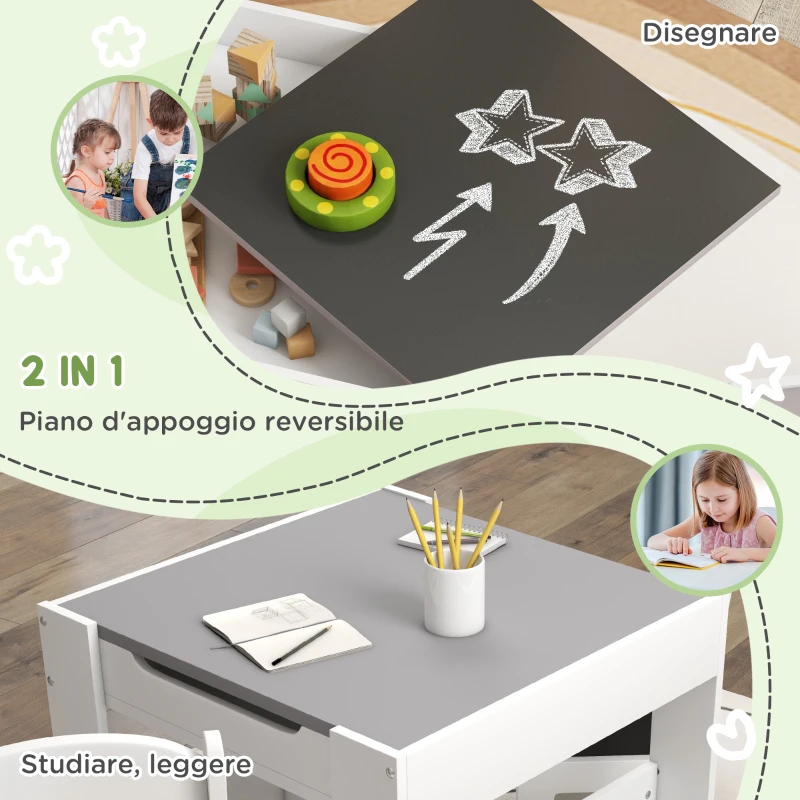 HOMCOM Set Tavolino per Bambini e 2 Sedie, Piano del Tavolo 3 in 1 con Lavagna e Contenitori, Grigio