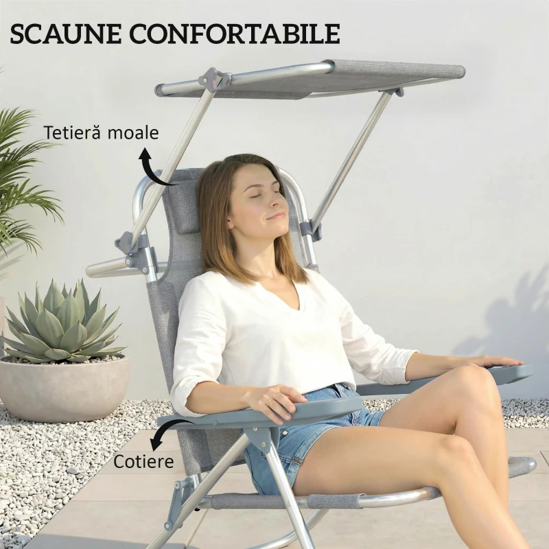 Outsunny Șezlong Reclinabil cu 6 Nivele, Copertină Reglabilă și Tetieră, din Aluminiu și Plasă, 62x68x79, Gri
