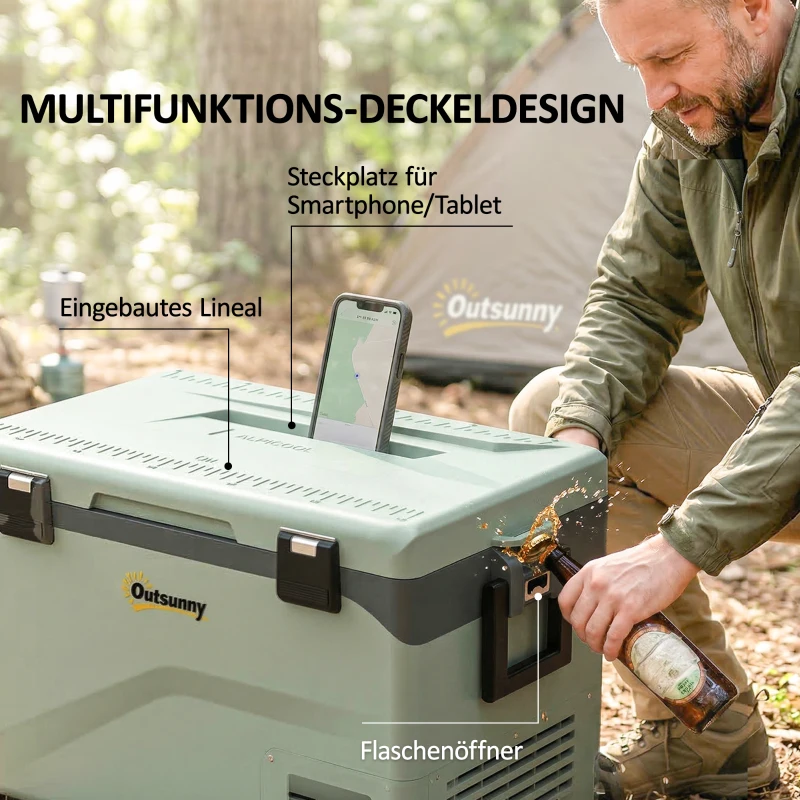 Outsunny 42,5 Liter Kompressor Kühlbox Leise elektrisch Mini Kühlschrank bis -20℃ Kühlbox mit Bluetooth Rolle Griff Handyhalter