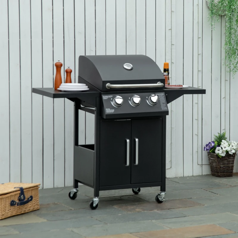 Outsunny Barbecue a Gás com 3 Queimadores Termómetro 2 Prateleiras Laterais Armário 4 Rodas e Travão 121x55x109 cm Preto