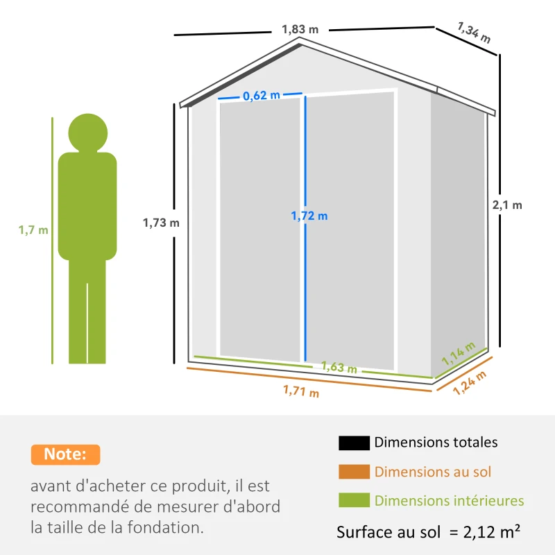 Outsunny Abri de jardin cabanon en résine polypropylène 2,12 m² - 2 portes 1 fenêtre et 1 grille d'aération, toit à pignon, gris(m-3)