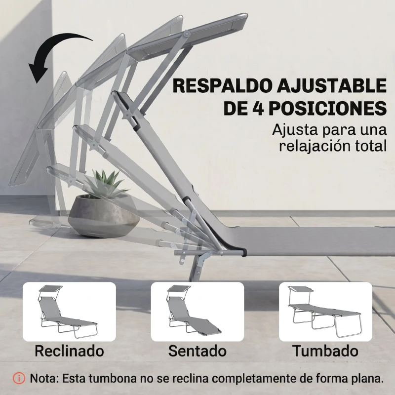 Outsunny Tumbona de jardín Plegable con Toldo y Respaldo Reclinable para Jardín Terraza Acampada 187x58x36cm Gris Claro