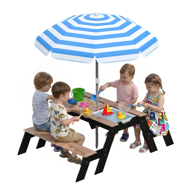 AIYAPLAY Kids Garden Furniture with Parasol, 3 in 1 Wooden Sand and Water Table with 2 Hidden Play Boxes for Patio, Ages 3-6