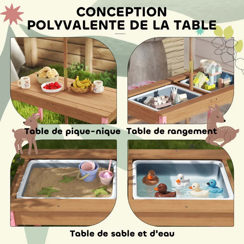AIYAPLAY Table pique-nique enfant avec bancs, coussins, parasol pliable, boîtes de rangement amovibles, motif à flamant, rose
