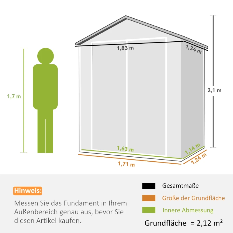 Outsunny Metall-Gartenschuppen, abschließbar, Doppeltür, Fenster, Aluminiumrahmen, 1,80 x 1,30 x 2,10 m, Grau(m-3)