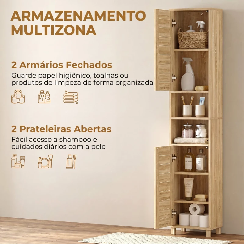 HOMCOM Coluna Casa de Banho Armário Alto de Casa de Banho com Prateleiras Ajustáveis Portas de Ripas Abertura por Pressão 34x23x170 cm Madeira
