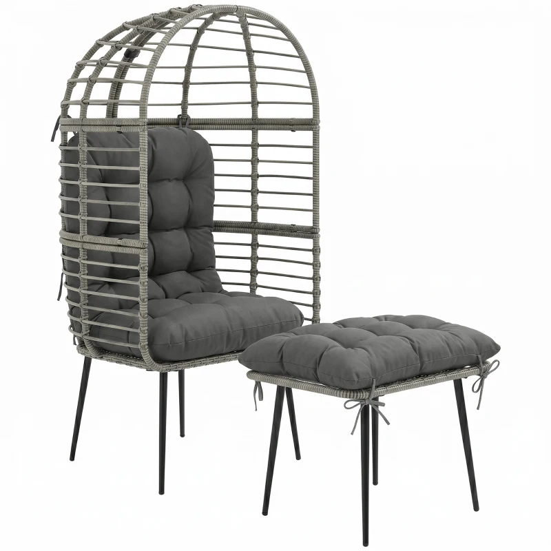 Outsunny Garden Egg Chair with Footstool, Rattan Indoor Outdoor Lounge Chair and Ottoman Set with Thick Cushions, Light Grey